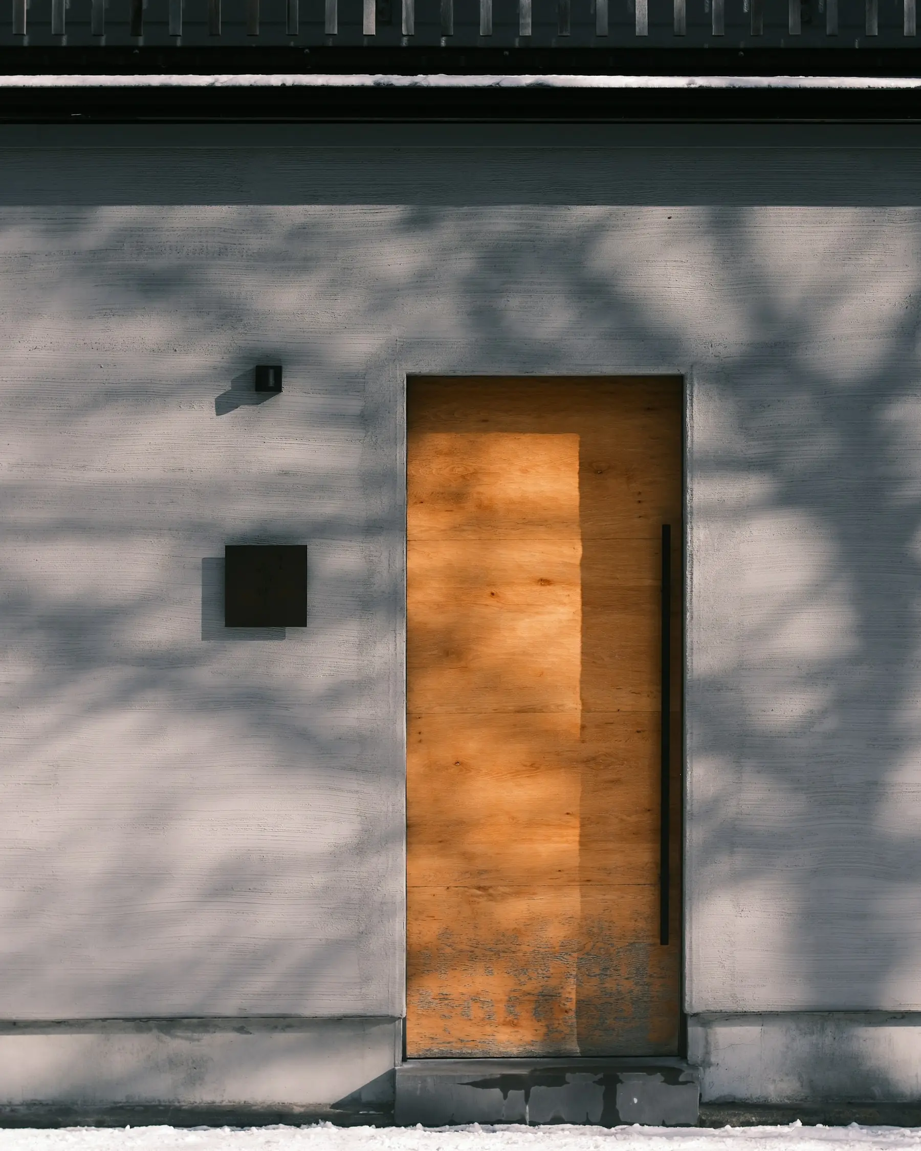 A plain timber door in a plastered wall, with the shadow of a tree moving across it.
