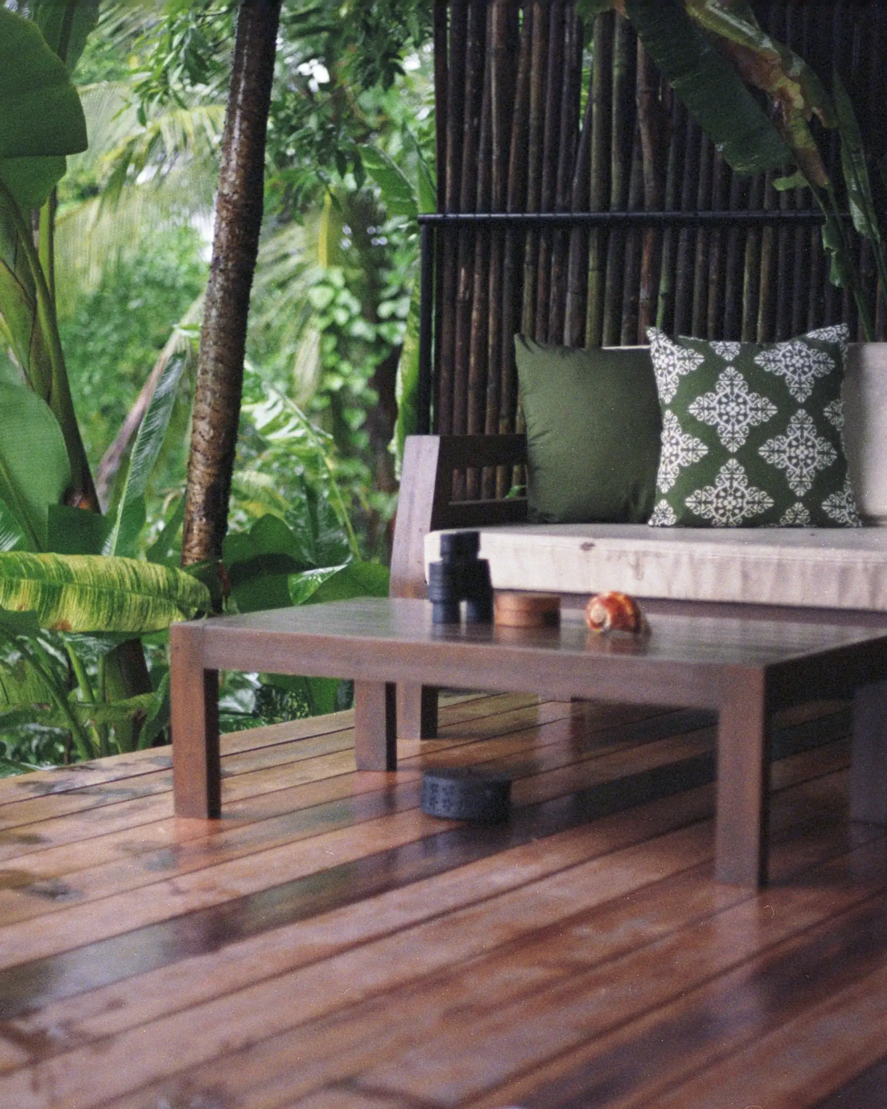 A timber deck and low table surrounded by broad tropical leaves.